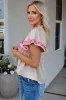 Beige Floral Embroidered Short Sleeve Notched V Neck Blouse sold by Beagle Boutique