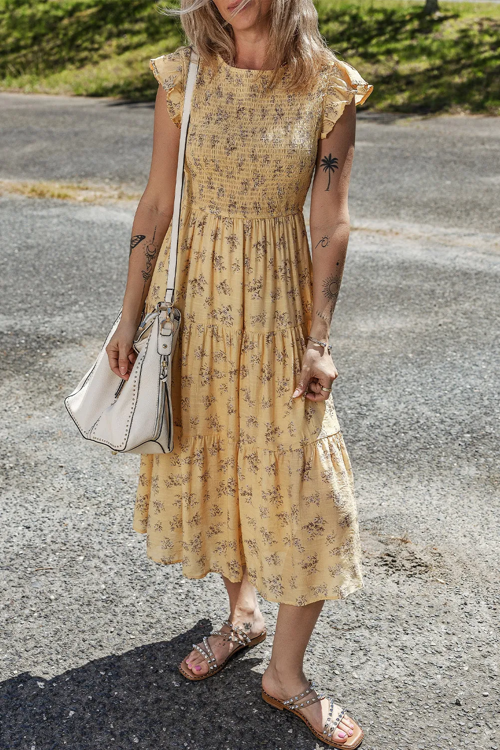 Yellow Boho Floral Print Ruffle Smocked Flowy Summer Dress sold by Beagle Boutique product image thumbnail 3