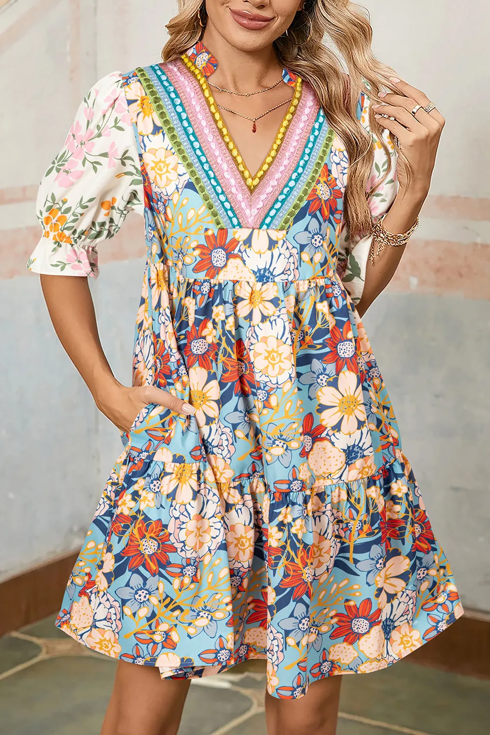 Multicolour Boho Floral Print Crochet Patchwork V Neck Loose Mini Dress sold by Beagle Boutique