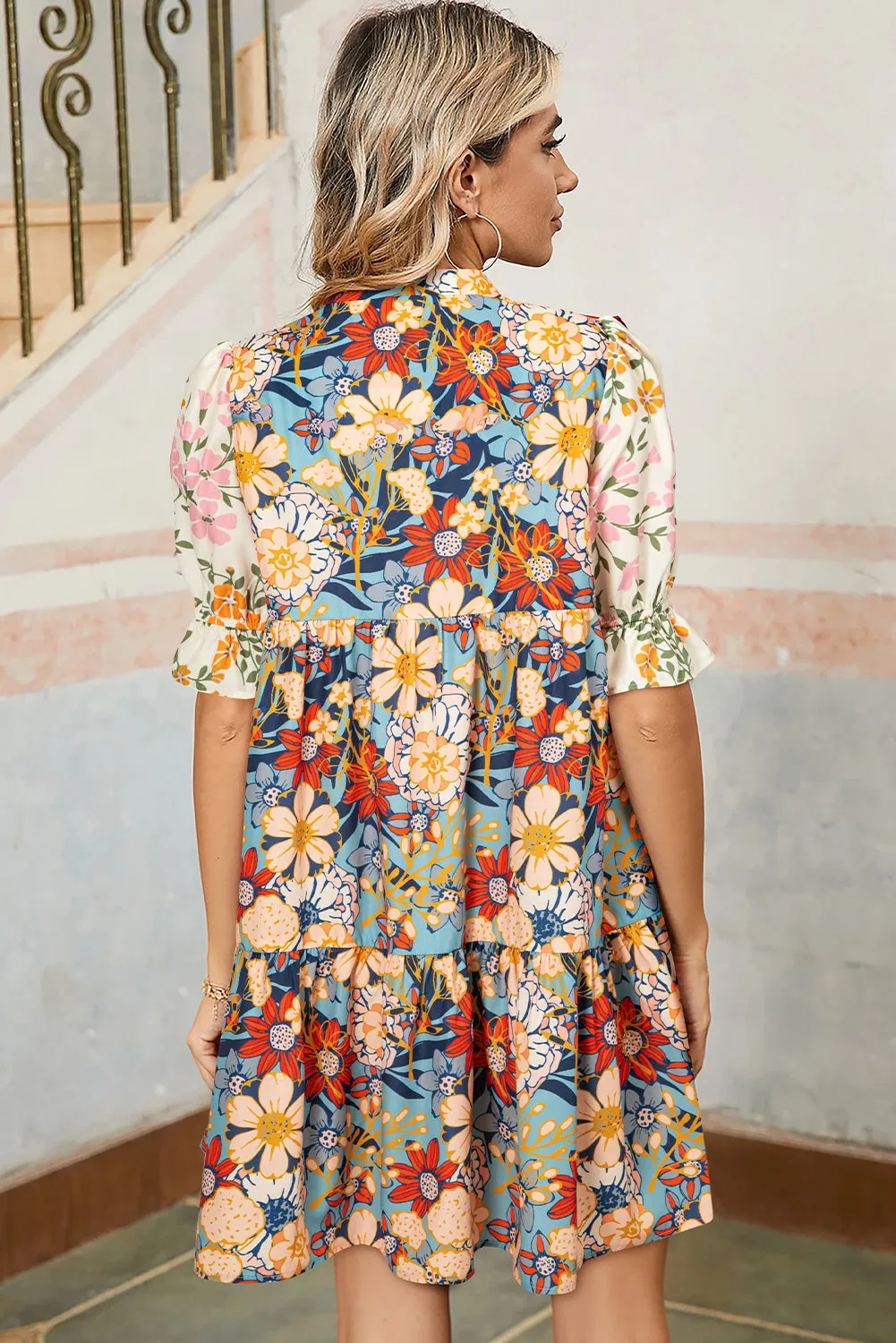 Multicolour Boho Floral Print Crochet Patchwork V Neck Loose Mini Dress sold by Beagle Boutique product image thumbnail 2