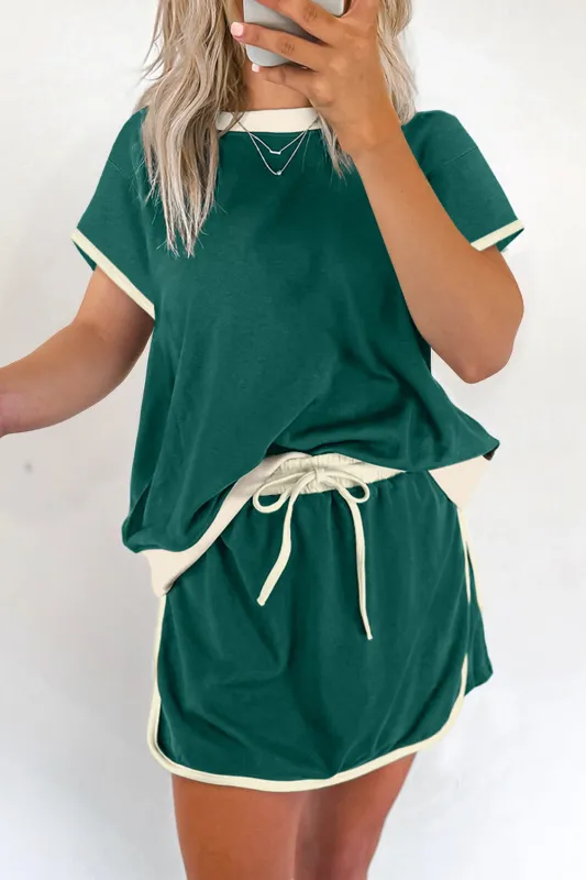 Evergreen Colourblock Edge Drop Shoulder T Shirt and Skirt 2Pcs Set Co-ord sold by Beagle Boutique