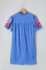Sky Blue Plus Size Floral Embroidered Puff Sleeve Gingham Mini Dress sold by Beagle Boutique