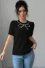 Black Pearl Bow Necklace Embellished Short Sleeve Knitted T Shirt sold by Beagle Boutique