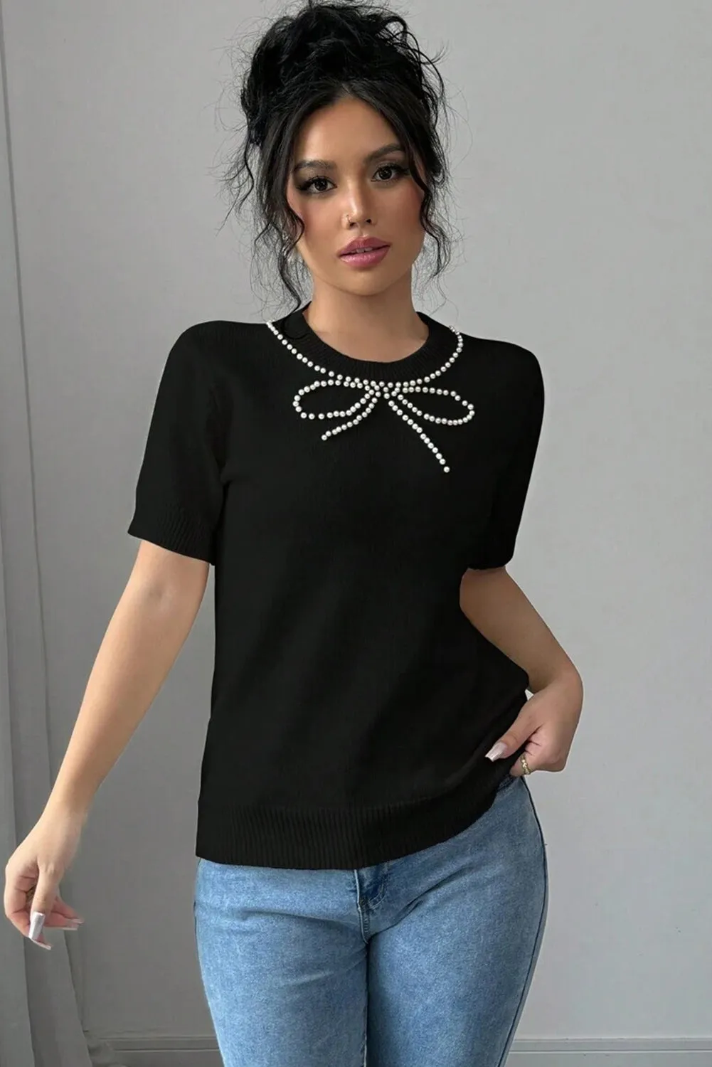 Black Pearl Bow Necklace Embellished Short Sleeve Knitted T Shirt sold by Beagle Boutique product image thumbnail 3