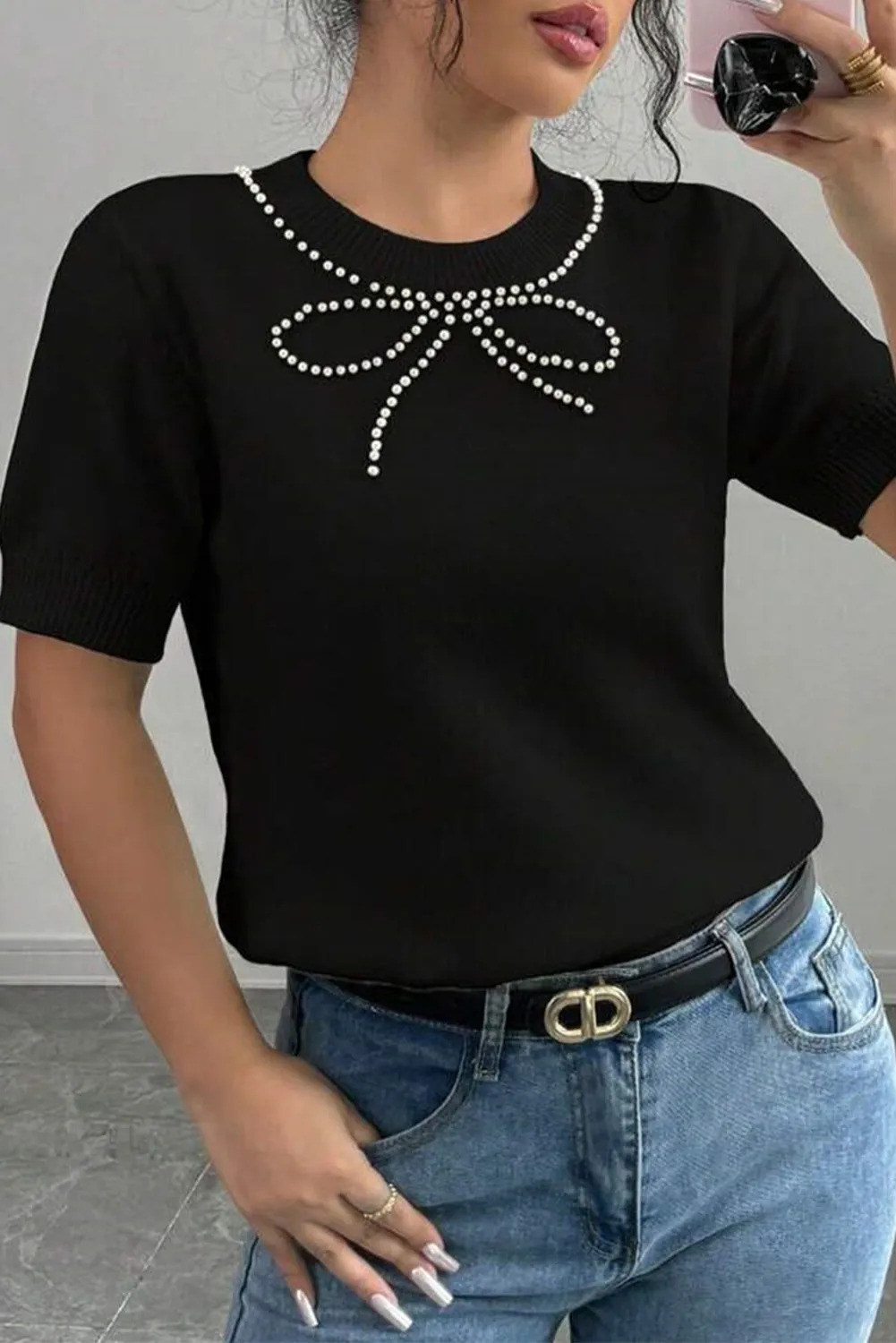 Black Pearl Bow Necklace Embellished Short Sleeve Knitted T Shirt sold by Beagle Boutique