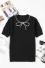 Black Pearl Bow Necklace Embellished Short Sleeve Knitted T Shirt sold by Beagle Boutique