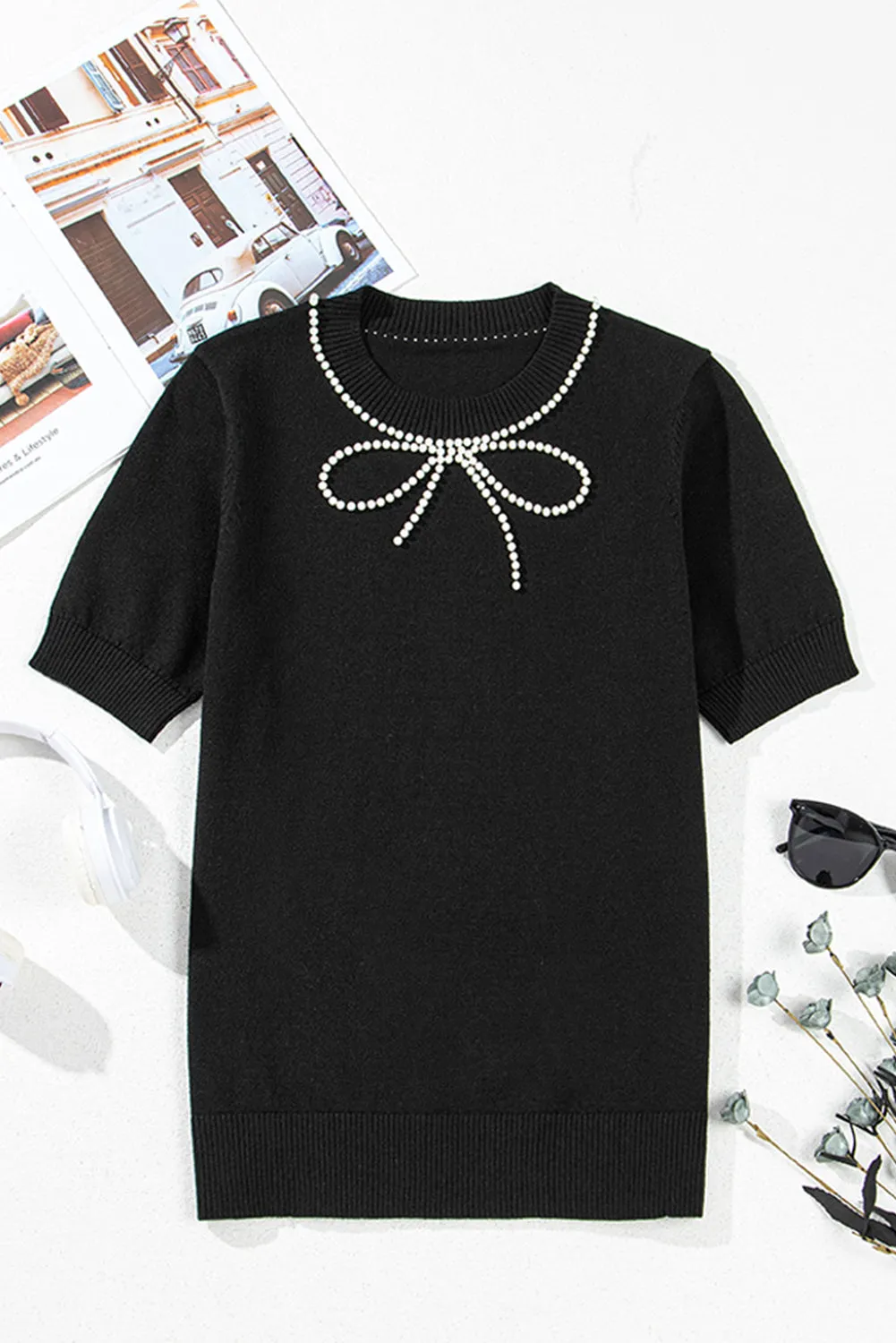 Black Pearl Bow Necklace Embellished Short Sleeve Knitted T Shirt sold by Beagle Boutique product image thumbnail 5