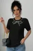 Black Pearl Bow Necklace Embellished Short Sleeve Knitted T Shirt sold by Beagle Boutique