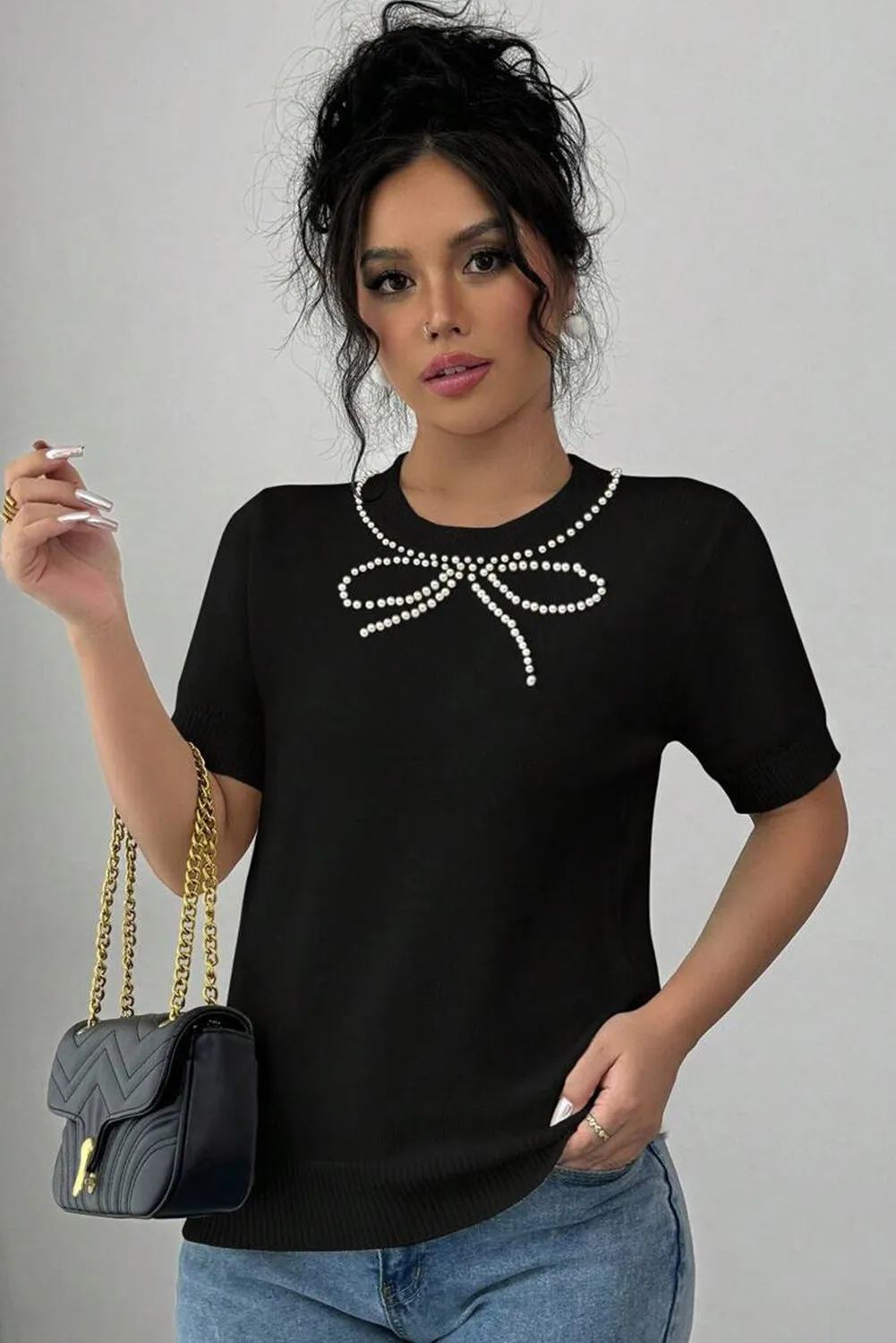 Black Pearl Bow Necklace Embellished Short Sleeve Knitted T Shirt sold by Beagle Boutique product image thumbnail 4