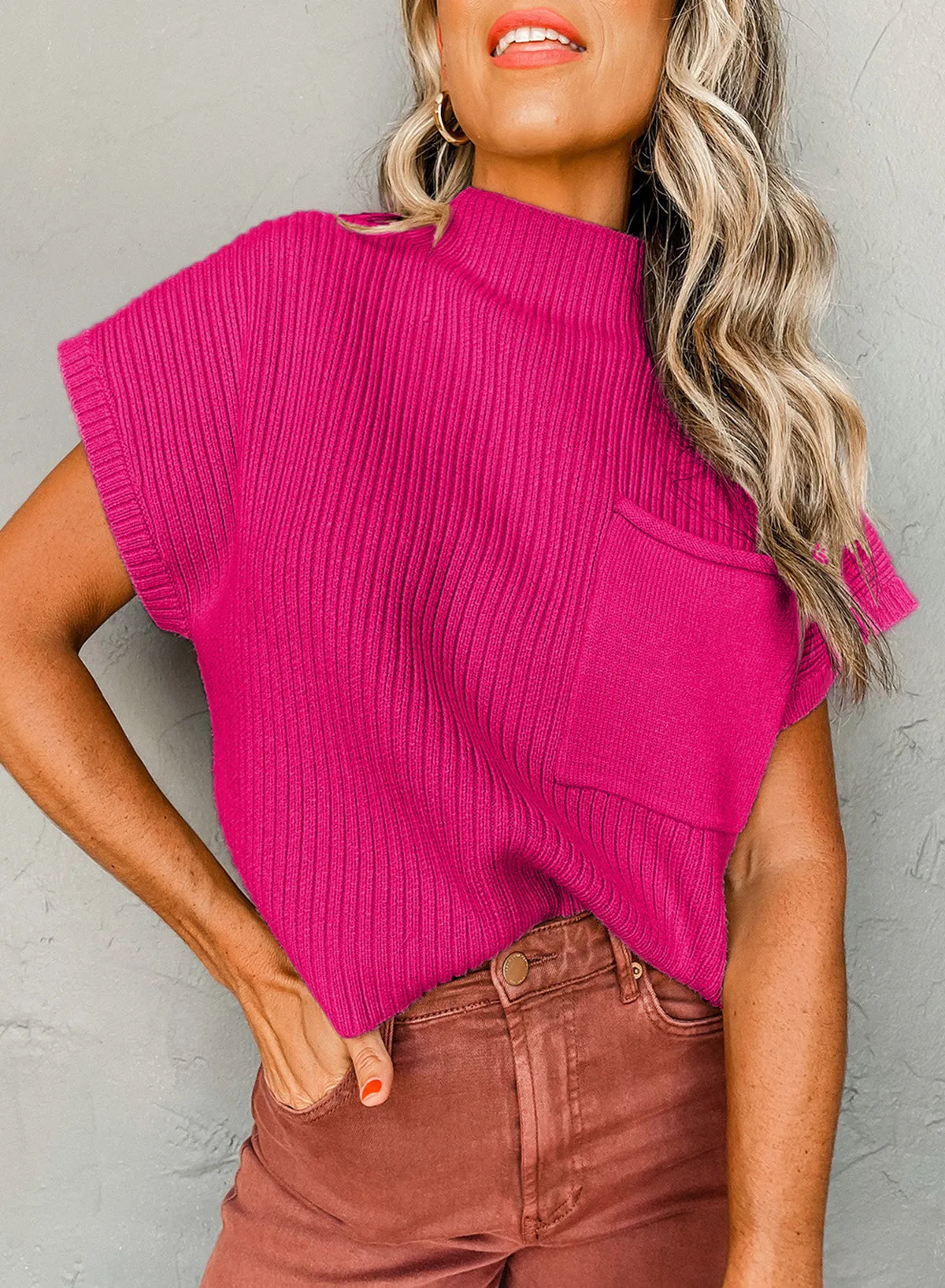 Patch Pocket Ribbed Knit Short Sleeve Sweater sold by Beagle Boutique