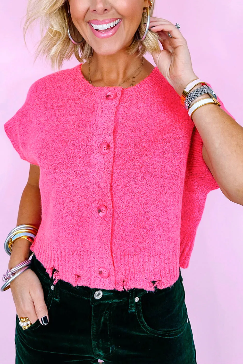 Bright Pink Distressed Hem Short Sleeve Knitted Button Front Sweater sold by Beagle Boutique