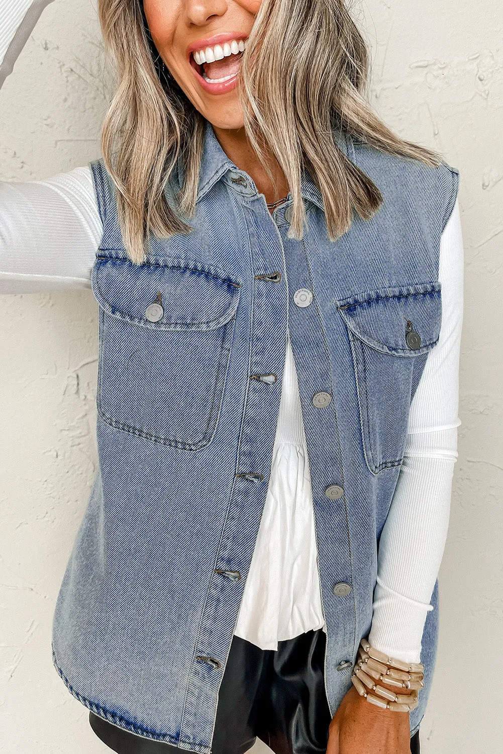 Beau Blue Denim Flap Pocket Curved Hem Shirt Vest sold by Beagle Boutique product image thumbnail 3