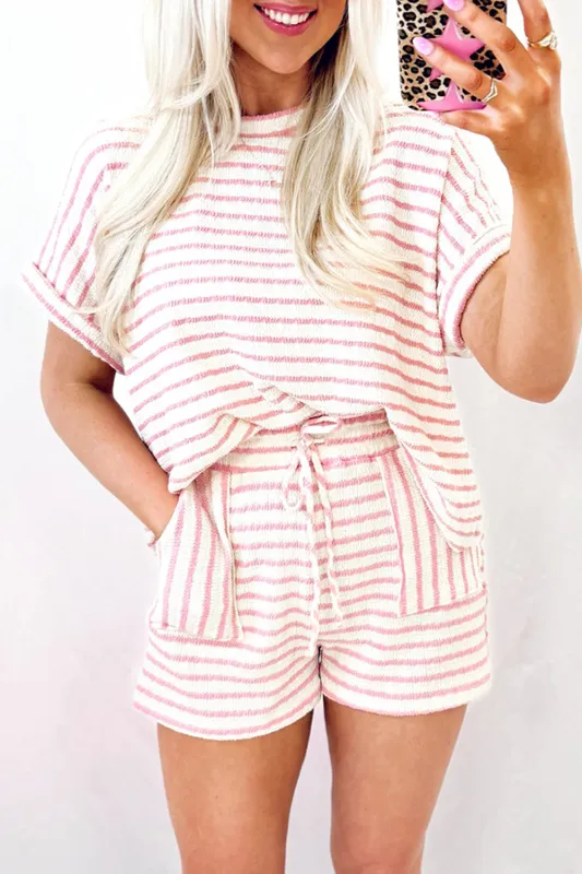 Pink Stripe Knitted Short Sleeve Top and Drawstring Shorts Set sold by Beagle Boutique