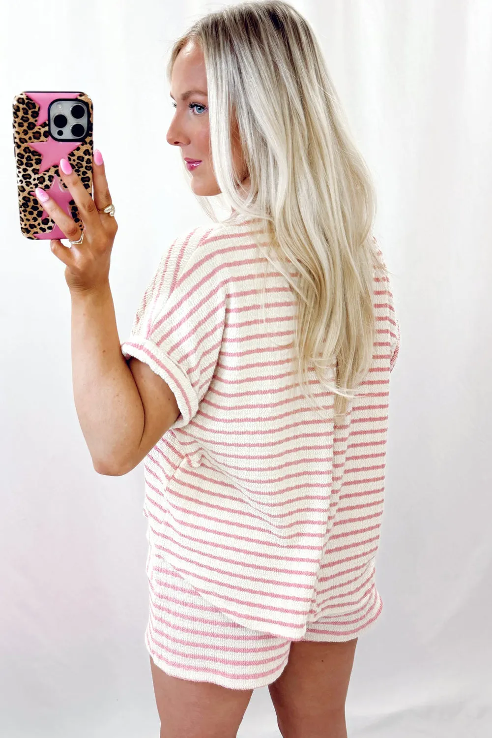 Pink Stripe Knitted Short Sleeve Top and Drawstring Shorts Set sold by Beagle Boutique product image thumbnail 2