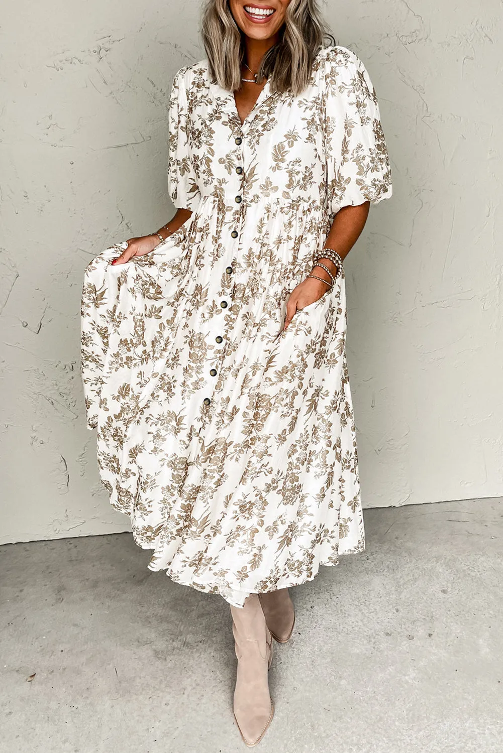 Khaki Floral Puff Sleeve V Neck Buttoned Front Maxi Dress sold by Beagle Boutique