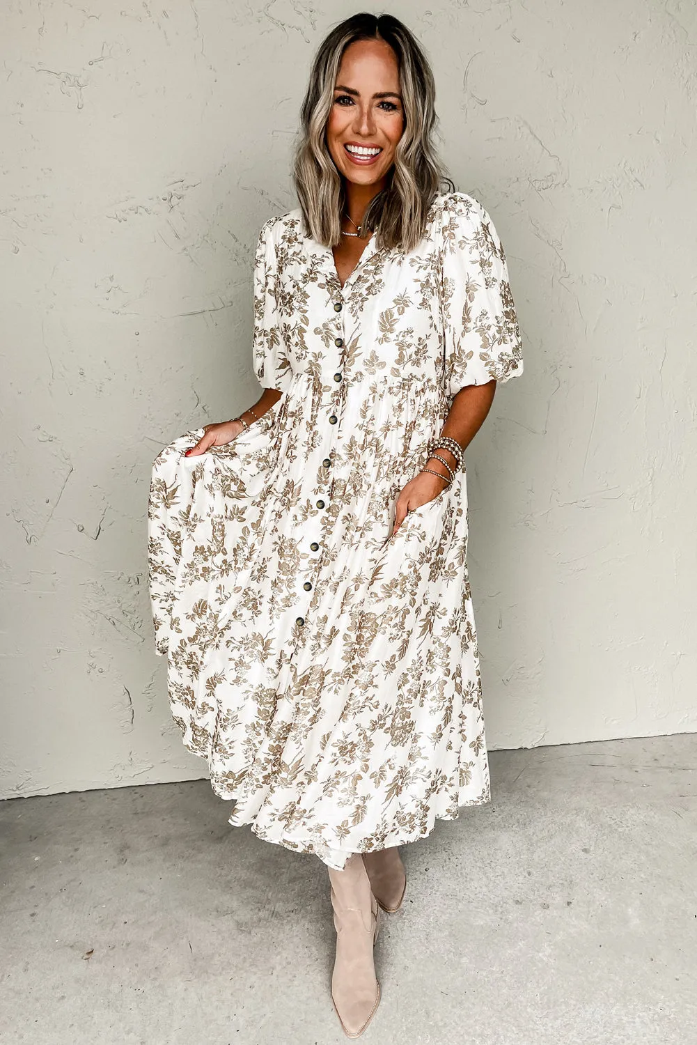 Khaki Floral Puff Sleeve V Neck Buttoned Front Maxi Dress sold by Beagle Boutique product image thumbnail 2
