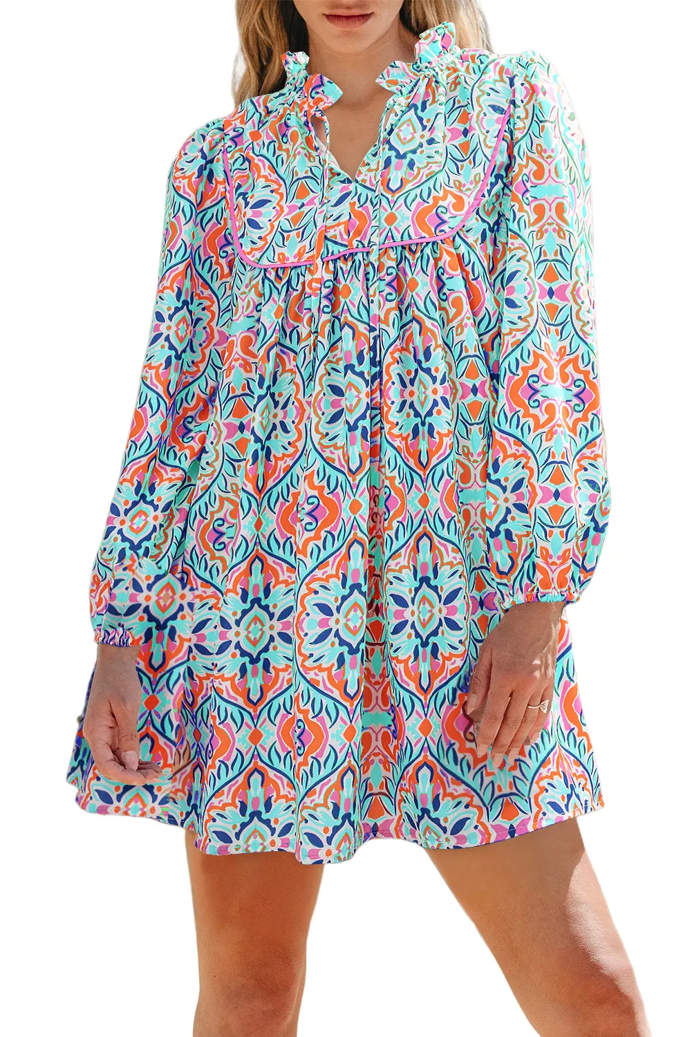 Sky Blue Abstract Printed Long Sleeve Tied Neckline Mini Dress sold by Beagle Boutique product image thumbnail 3