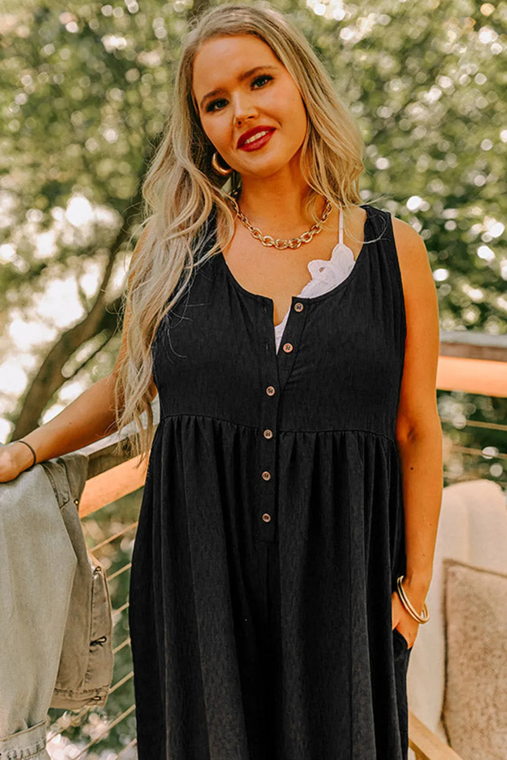 Black Plus Size Sleeveless Button Front Loose Jumpsuit sold by Beagle Boutique product image thumbnail 3