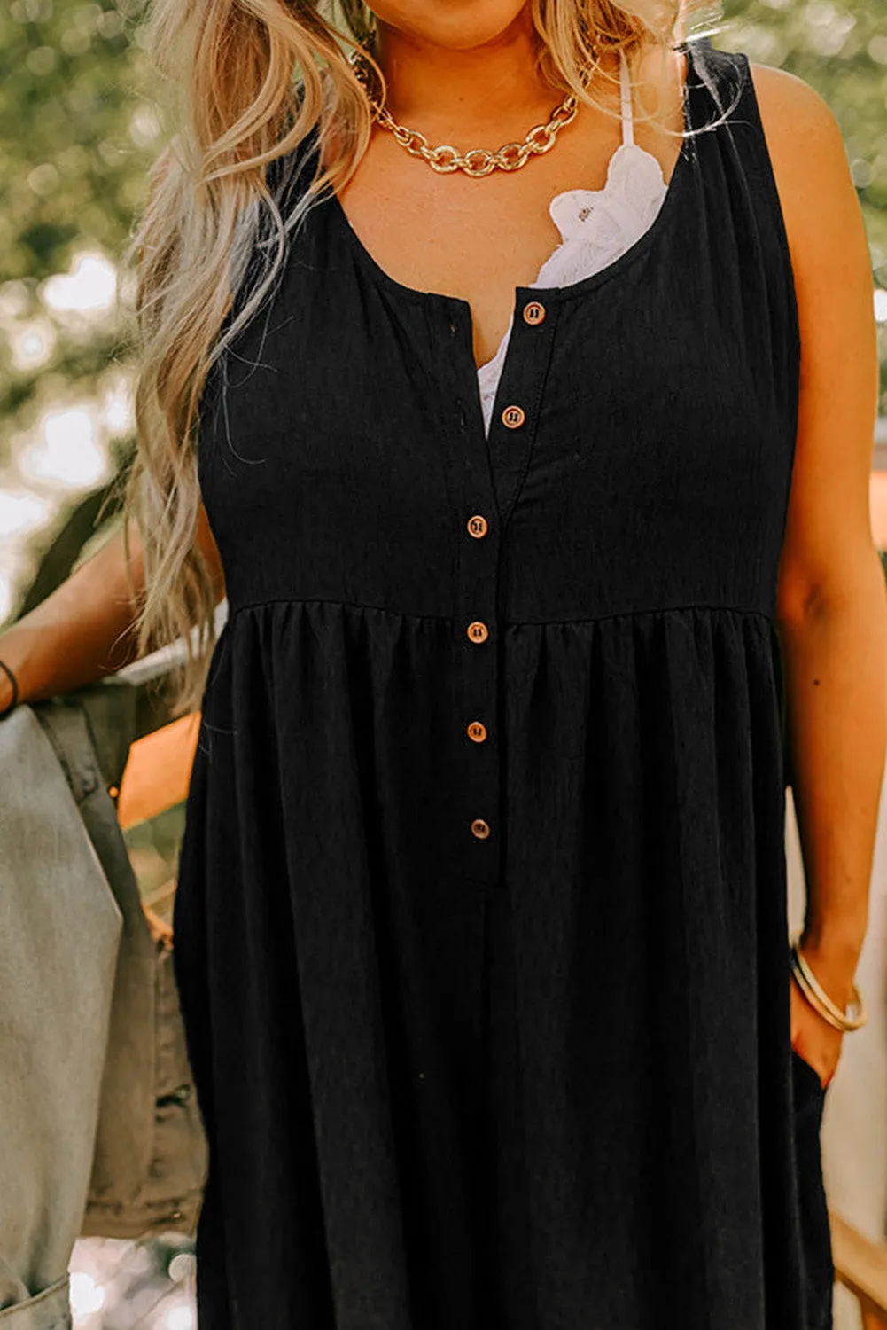 Black Plus Size Sleeveless Button Front Loose Jumpsuit sold by Beagle Boutique product image thumbnail 4