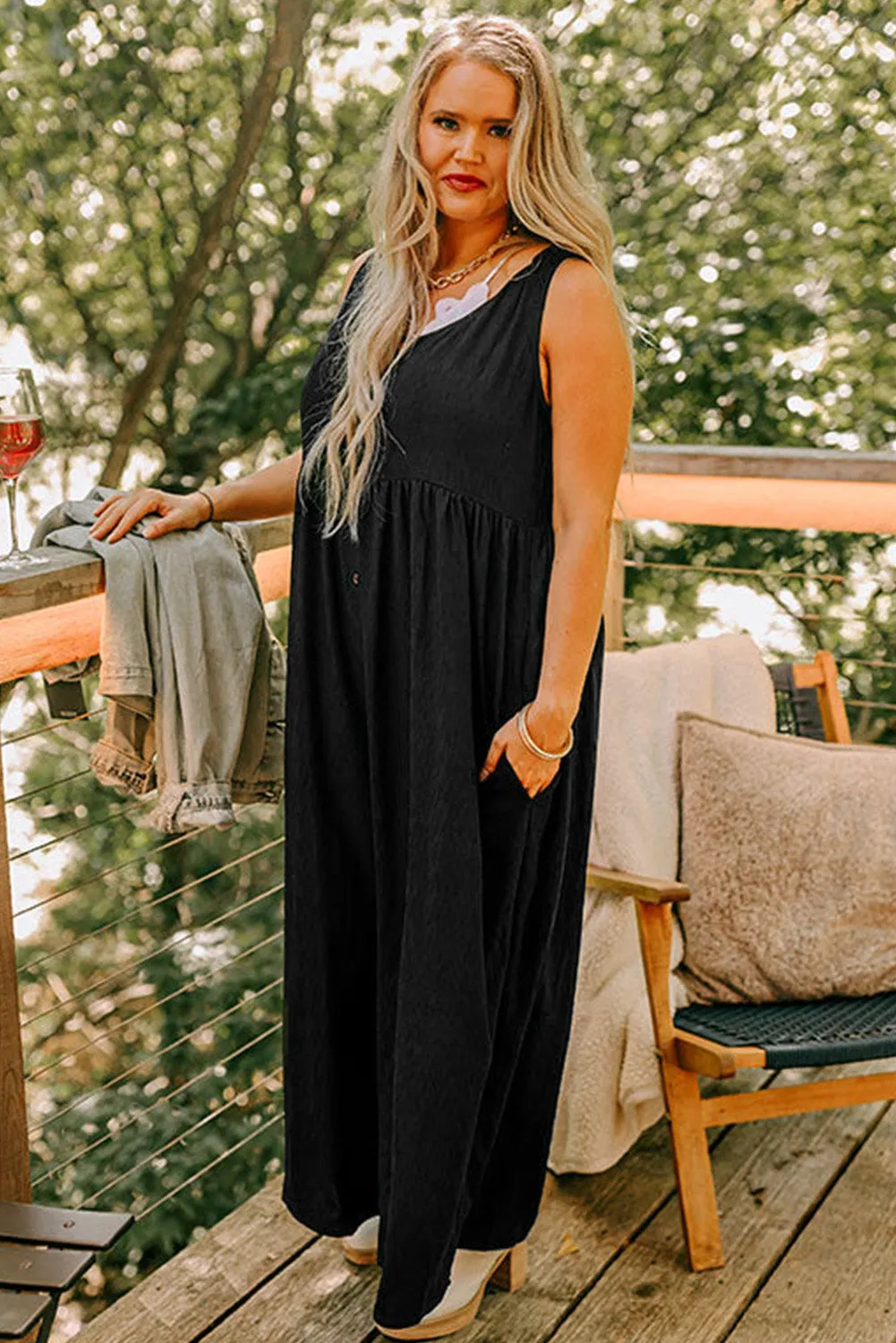 Black Plus Size Sleeveless Button Front Loose Jumpsuit sold by Beagle Boutique product image thumbnail 2