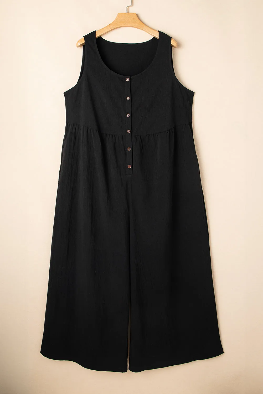 Black Plus Size Sleeveless Button Front Loose Jumpsuit sold by Beagle Boutique product image thumbnail 5