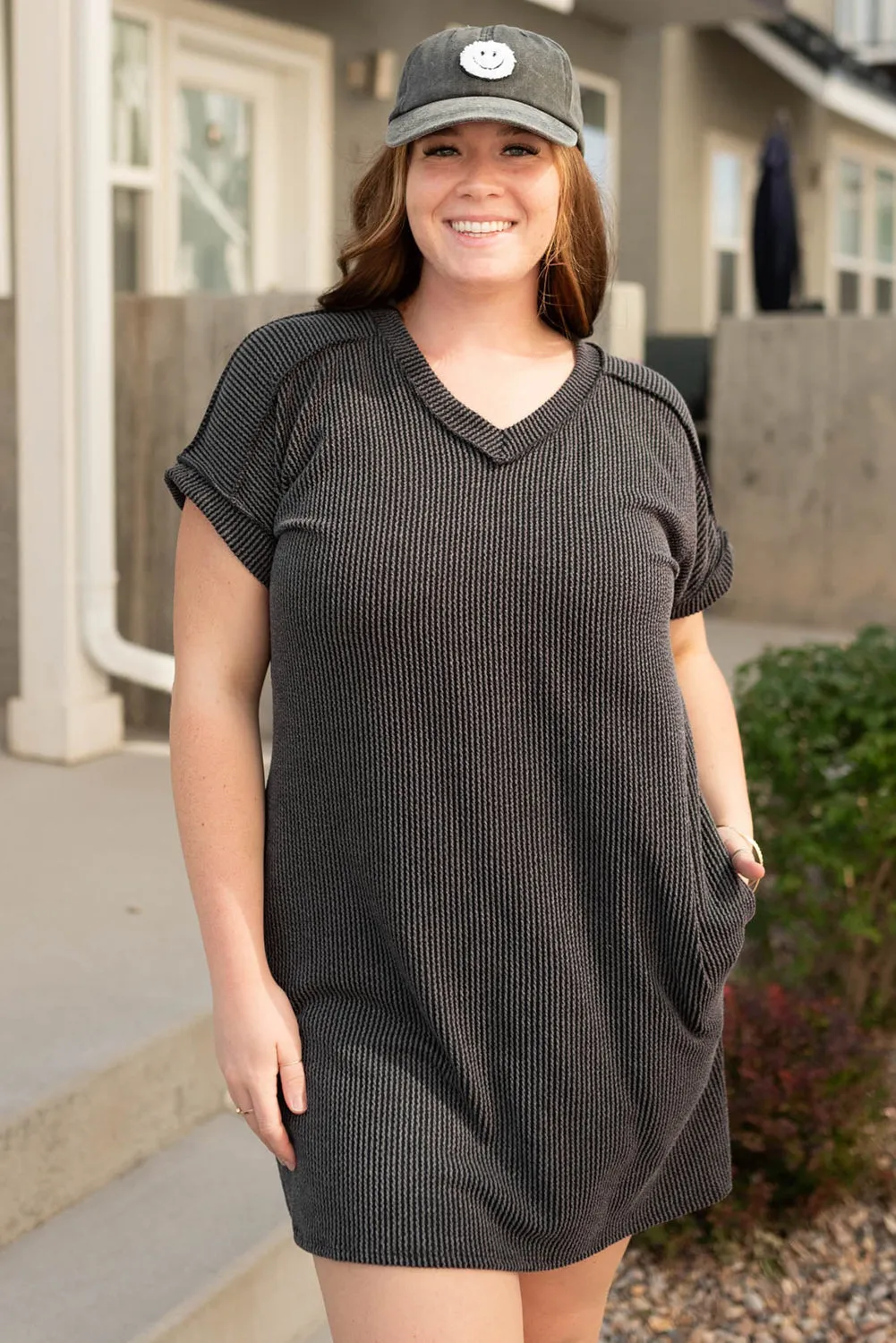 Carbon Grey Ribbed V Neck Plus Size T Shirt Dress with Pockets sold by Beagle Boutique product image thumbnail 5