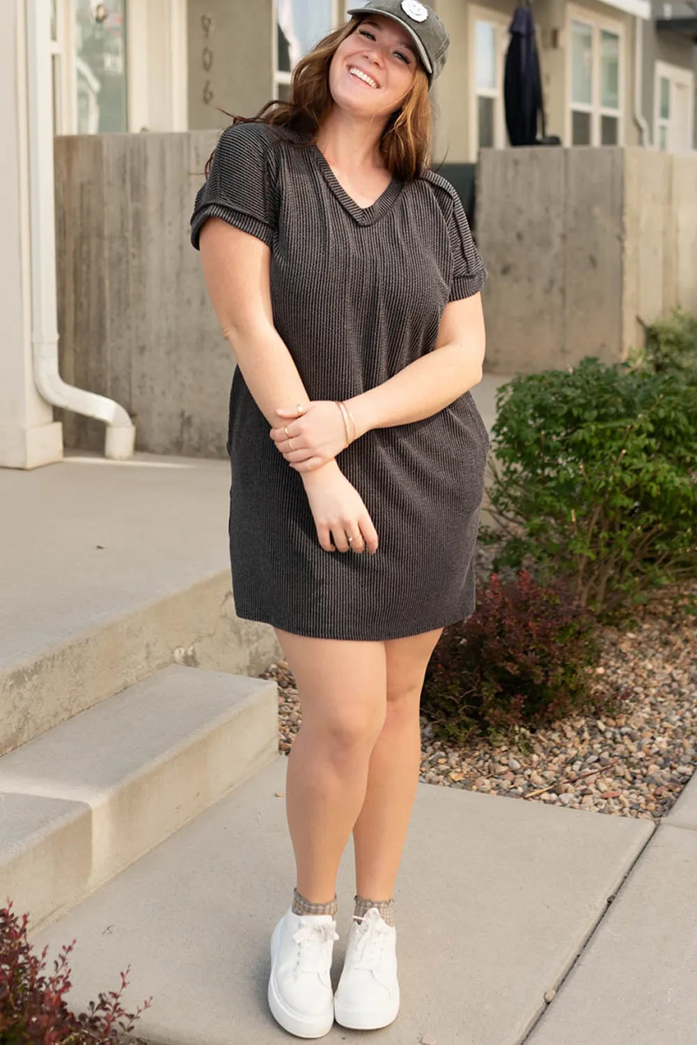 Carbon Grey Ribbed V Neck Plus Size T Shirt Dress with Pockets sold by Beagle Boutique product image thumbnail 4