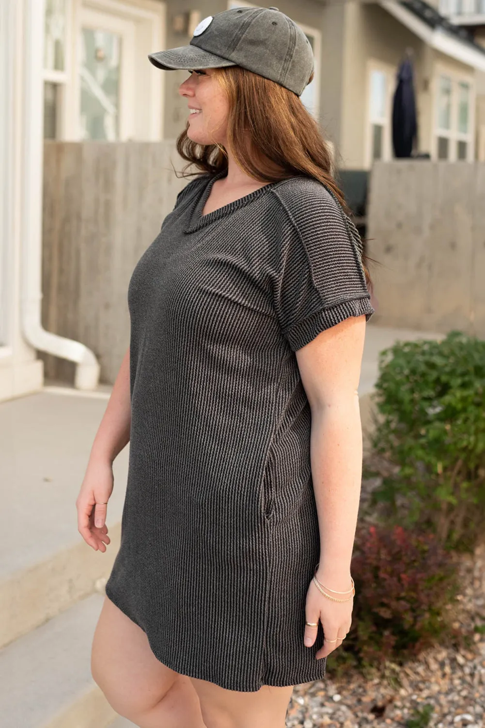 Carbon Grey Ribbed V Neck Plus Size T Shirt Dress with Pockets sold by Beagle Boutique product image thumbnail 3