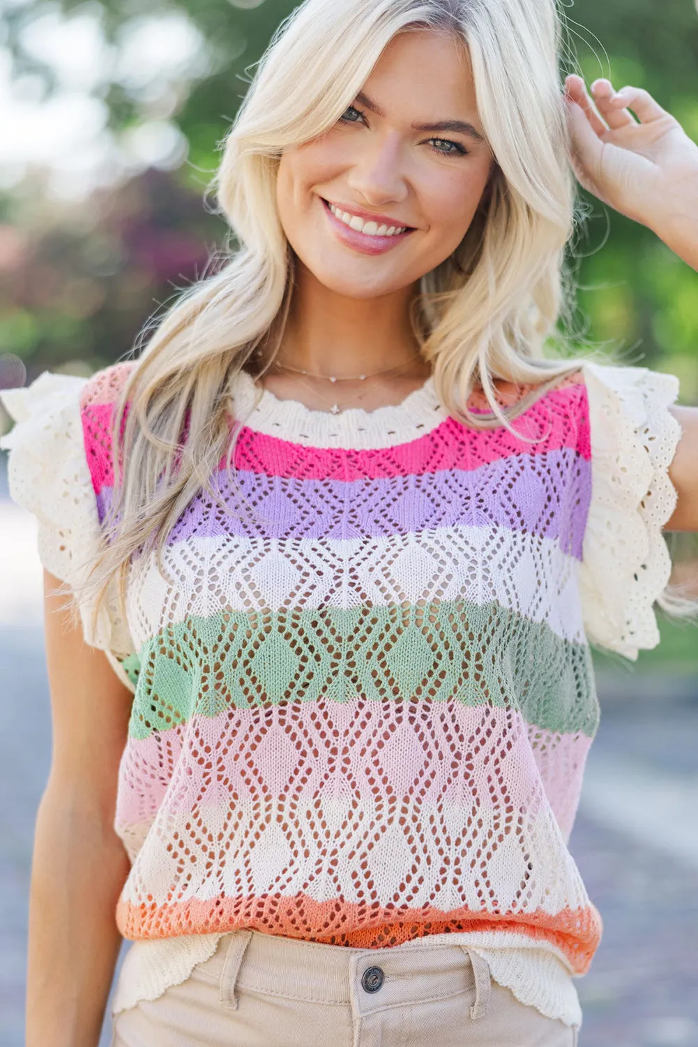Rose Stripe Colourblock Hollowed Knit Scallop Edge Sweater Vest sold by Beagle Boutique product image thumbnail 4
