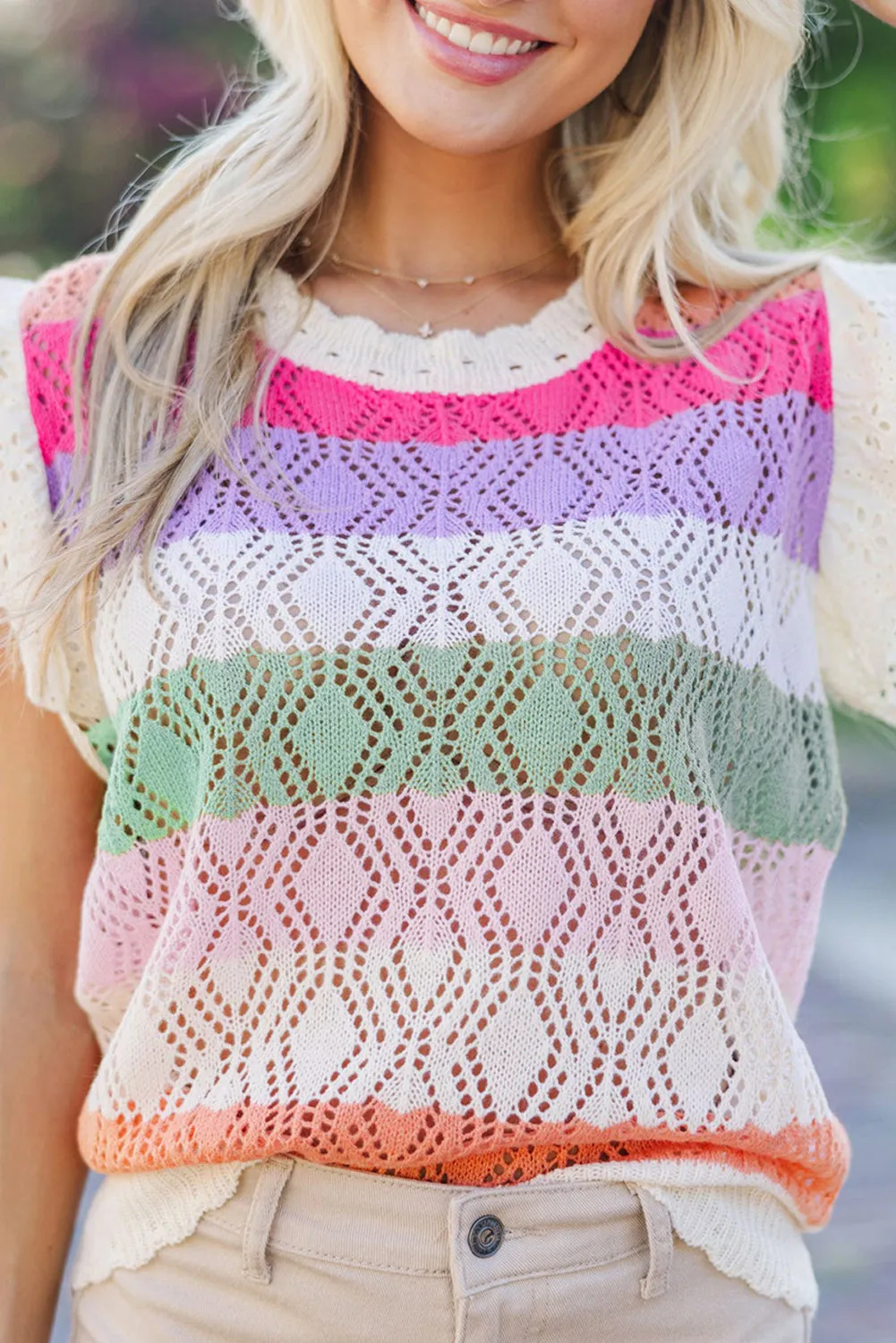 Rose Stripe Colourblock Hollowed Knit Scallop Edge Sweater Vest sold by Beagle Boutique