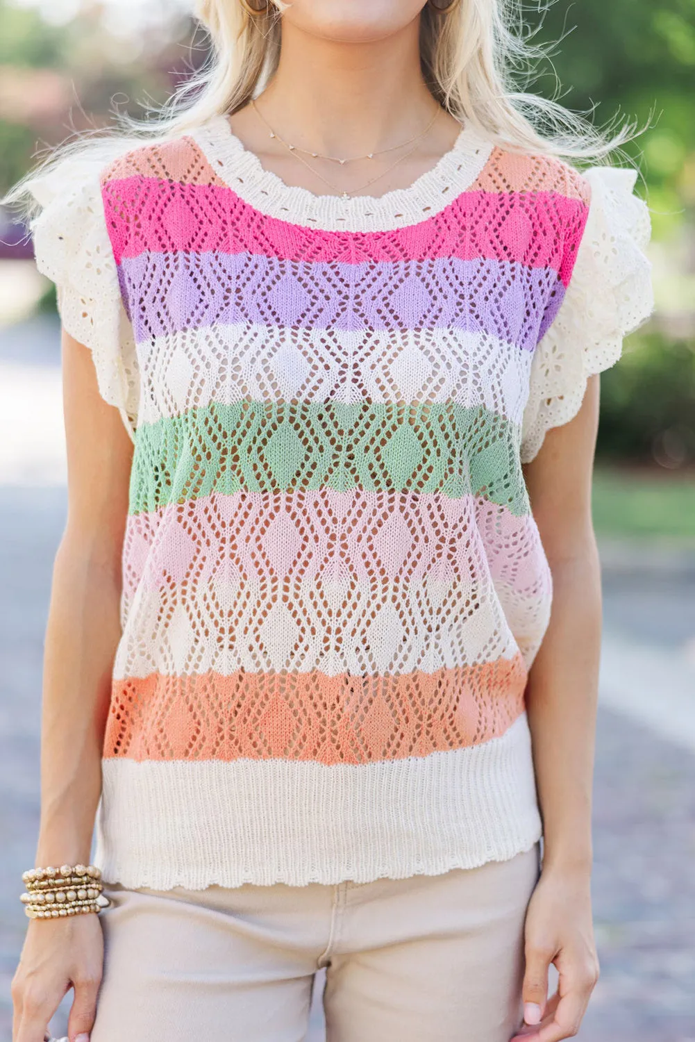 Rose Stripe Colourblock Hollowed Knit Scallop Edge Sweater Vest sold by Beagle Boutique product image thumbnail 3