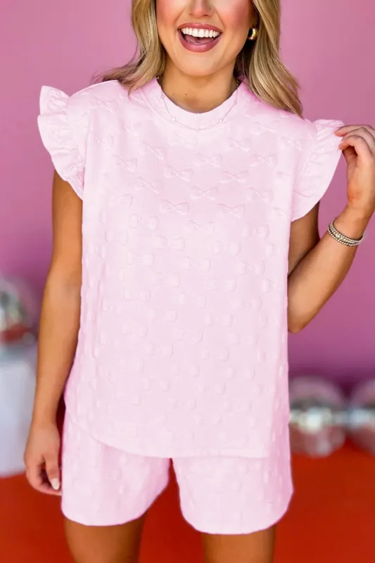 Pink Bow Jacquard Ruffle Sleeve Short 2pcs Outfit Co-ord sold by Beagle Boutique