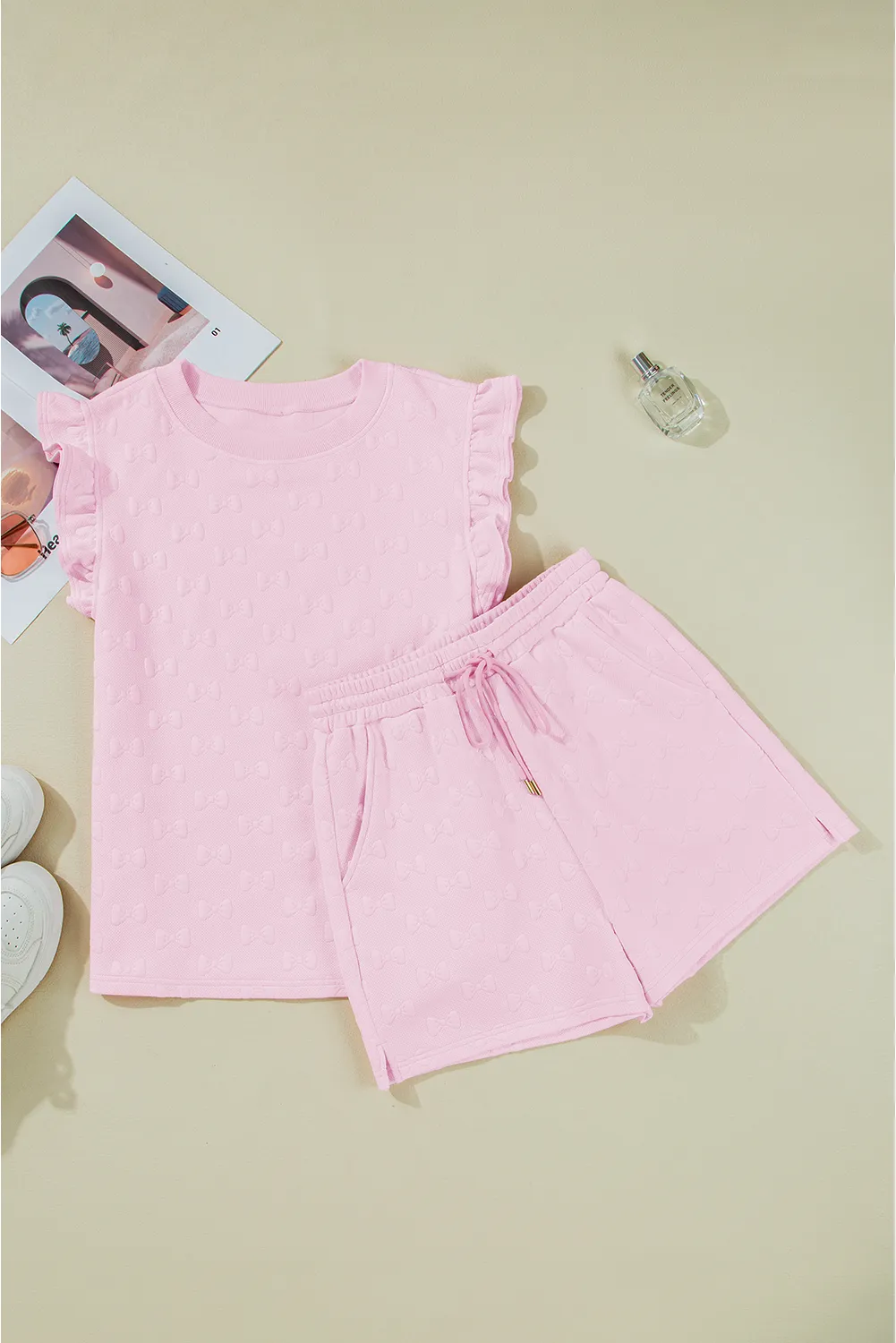 Pink Bow Jacquard Ruffle Sleeve Short 2pcs Outfit Co-ord sold by Beagle Boutique product image thumbnail 5