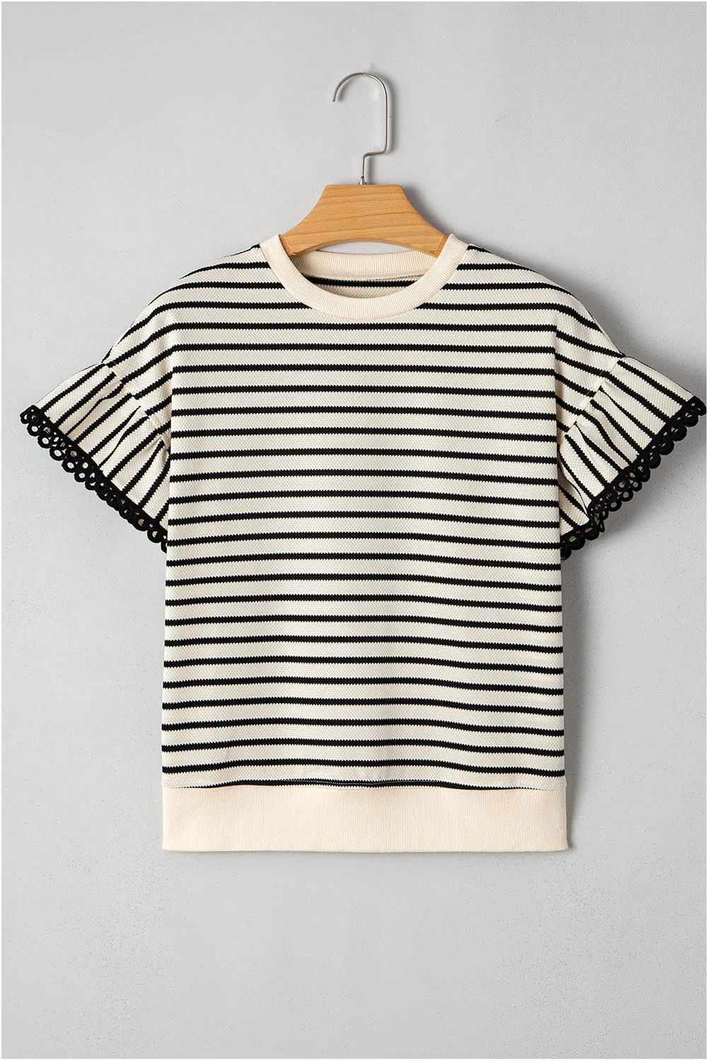 Black Stripe Scallop Lace Trim Ruffle Short Sleeves Crewneck Top sold by Beagle Boutique product image thumbnail 4