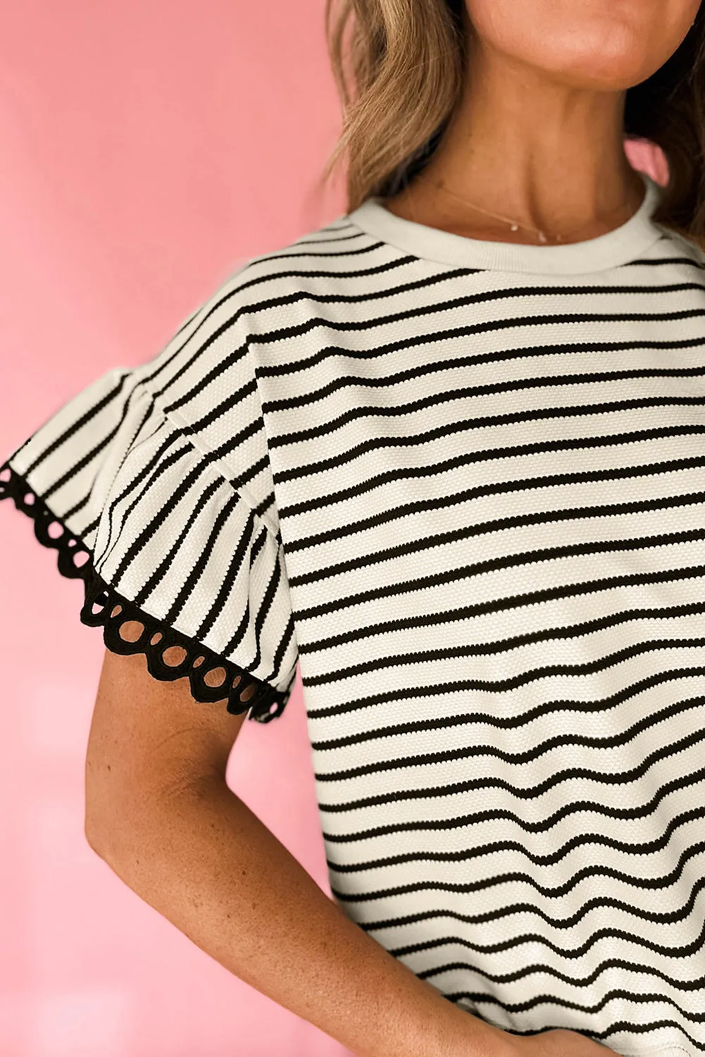 Black Stripe Scallop Lace Trim Ruffle Short Sleeves Crewneck Top sold by Beagle Boutique product image thumbnail 3