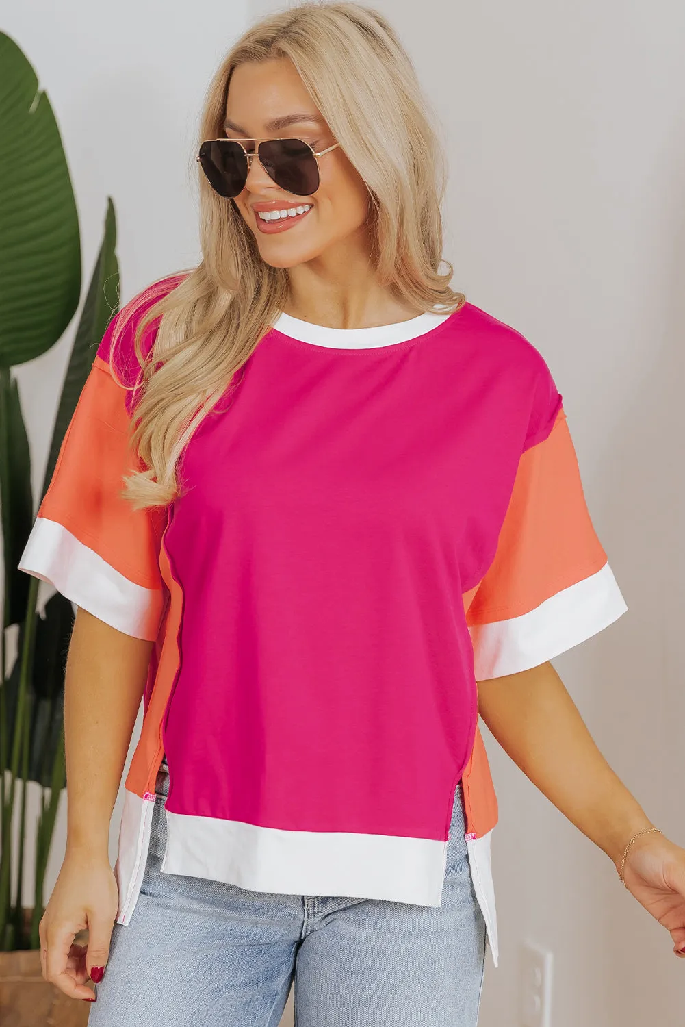 Rose Red Colour Block Patchwork Side Slits Loose Fit T Shirt sold by Beagle Boutique