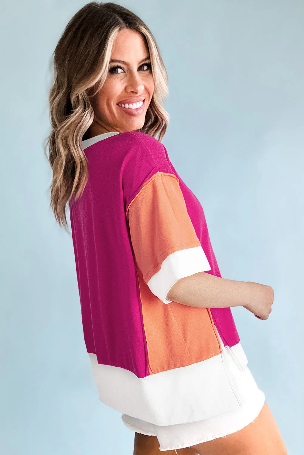 Rose Red Colour Block Patchwork Side Slits Loose Fit T Shirt sold by Beagle Boutique product image thumbnail 5