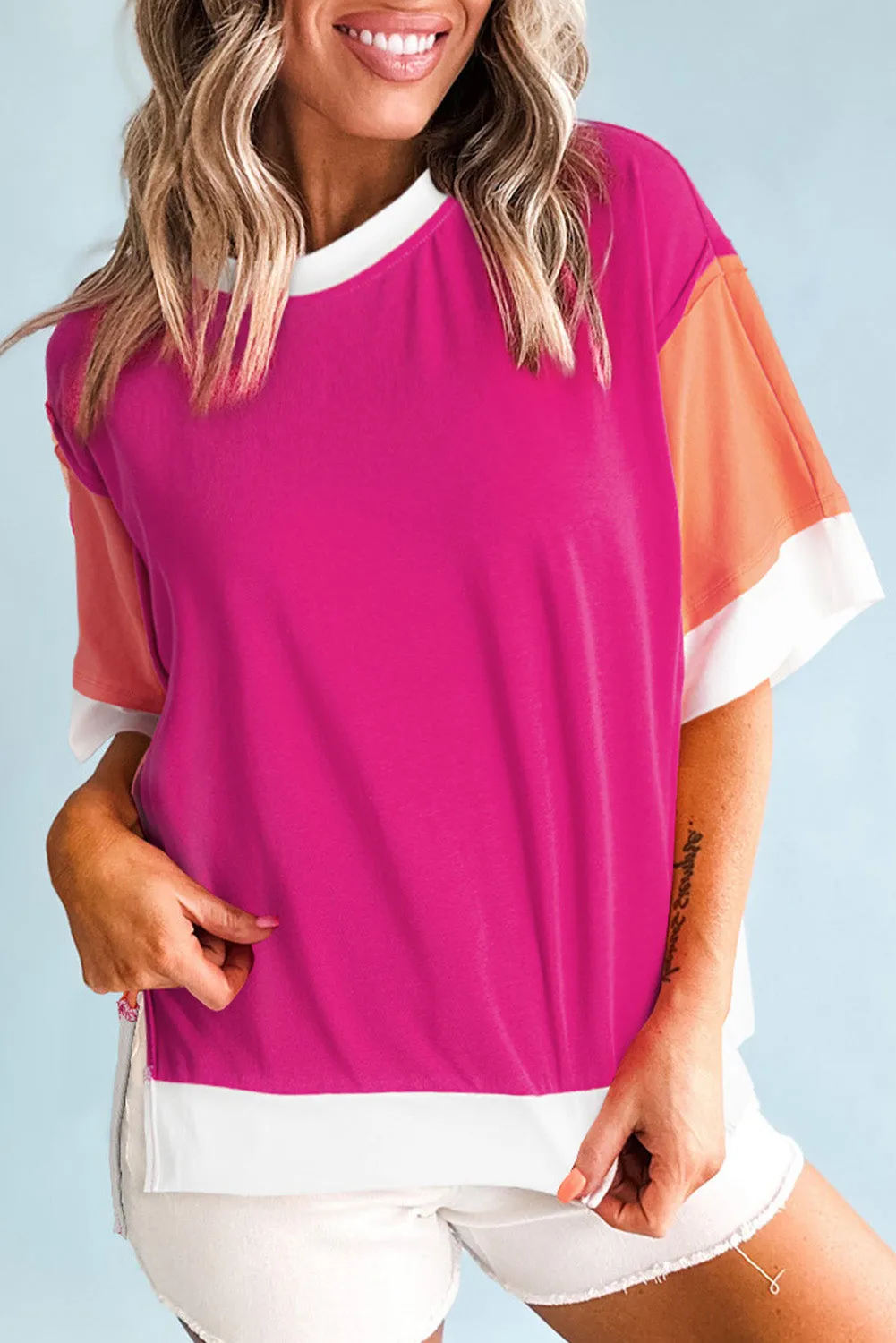 Rose Red Colour Block Patchwork Side Slits Loose Fit T Shirt sold by Beagle Boutique product image thumbnail 4