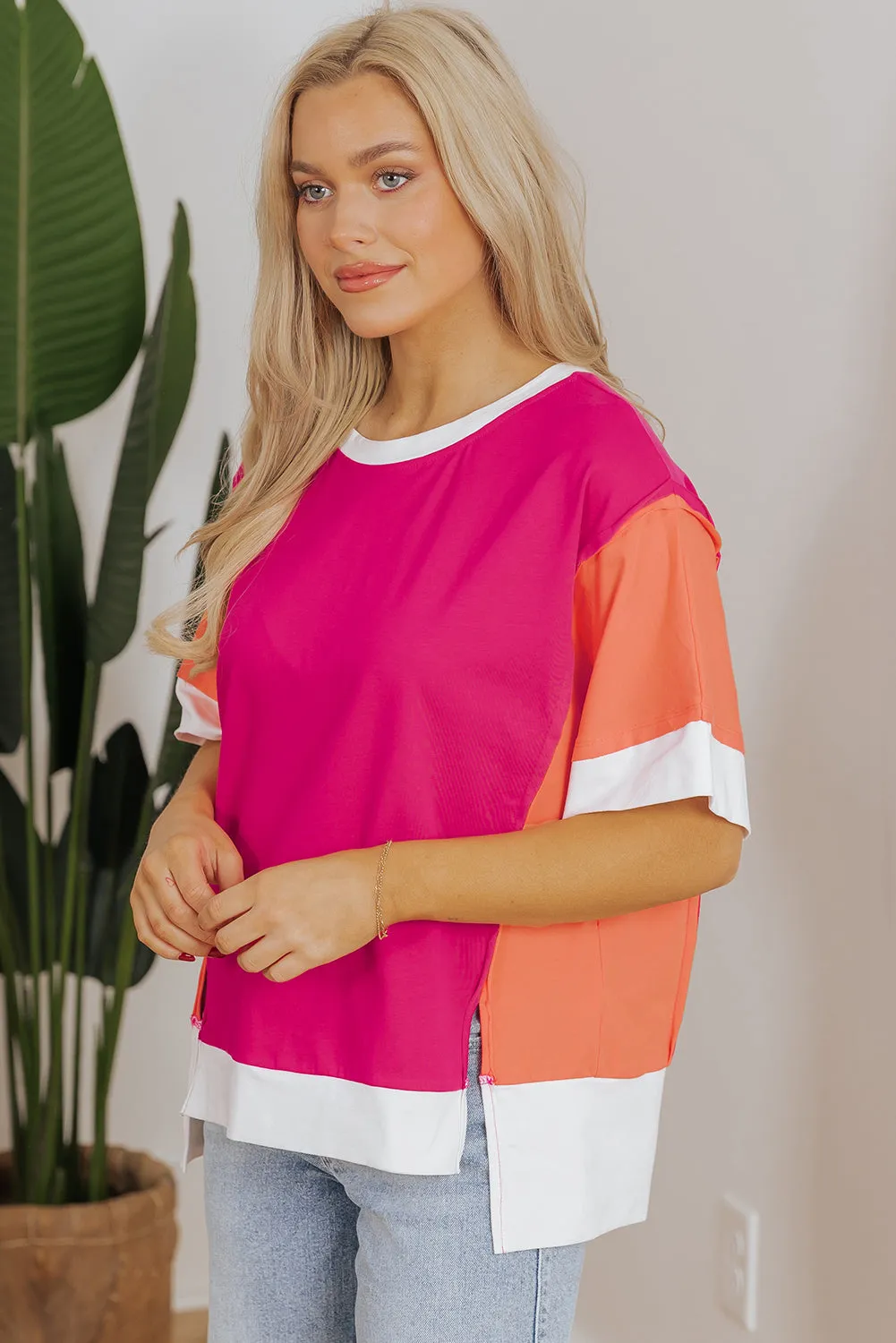 Rose Red Colour Block Patchwork Side Slits Loose Fit T Shirt sold by Beagle Boutique product image thumbnail 3