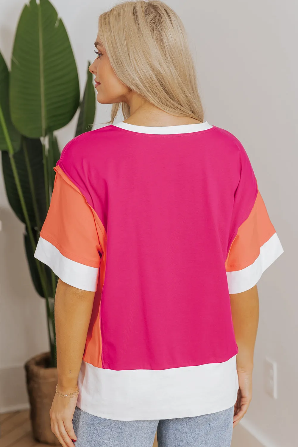 Rose Red Colour Block Patchwork Side Slits Loose Fit T Shirt sold by Beagle Boutique product image thumbnail 2