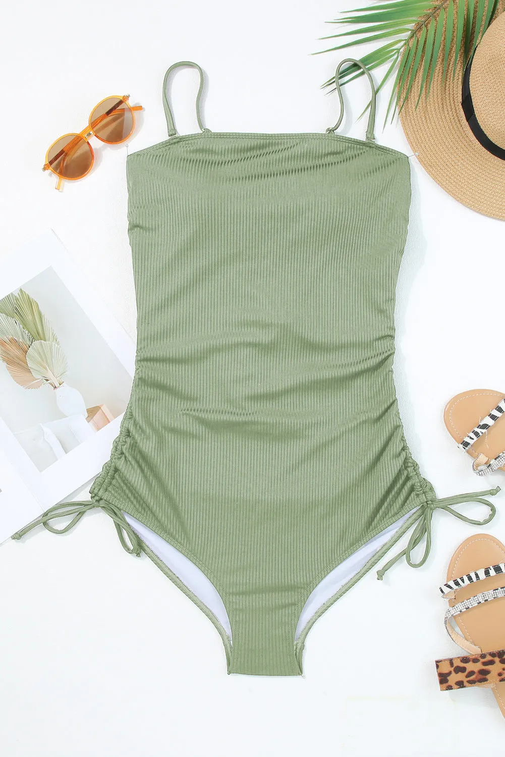 Green Ribbed Drawstring Sides Cutout One Piece Swimsuit sold by Beagle Boutique product image thumbnail 5
