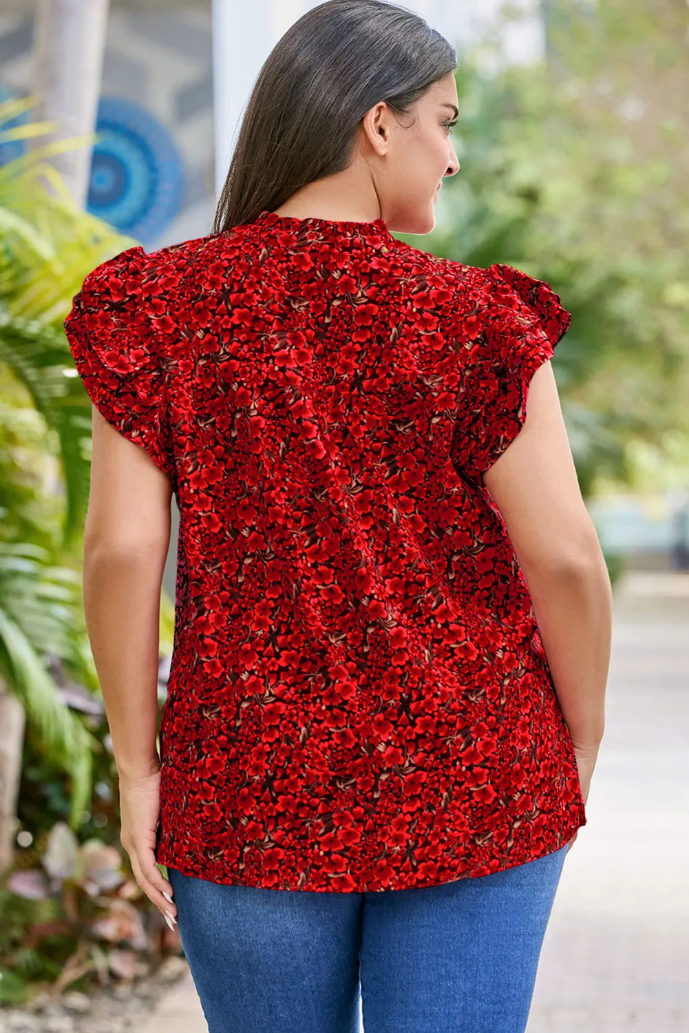 Fiery Red Rose Floral Print Ruffle Sleeve Plus Size Shift Top sold by Beagle Boutique product image thumbnail 2