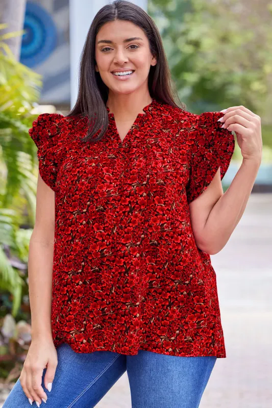 Fiery Red Rose Floral Print Ruffle Sleeve Plus Size Shift Top made by Beagle Boutique