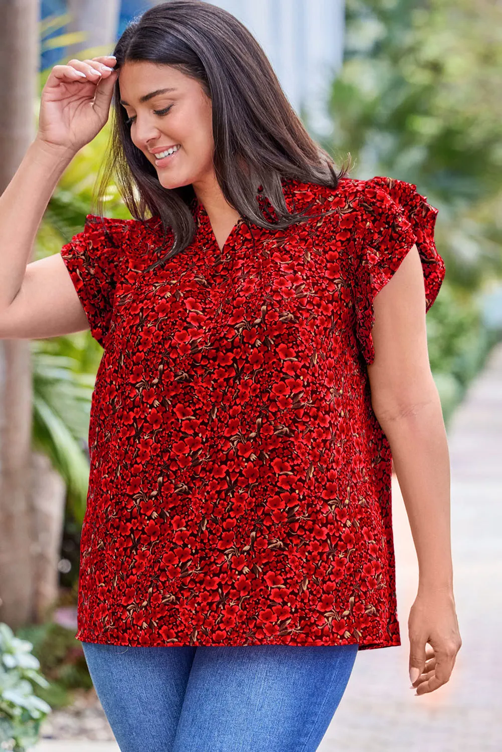 Fiery Red Rose Floral Print Ruffle Sleeve Plus Size Shift Top sold by Beagle Boutique product image thumbnail 4