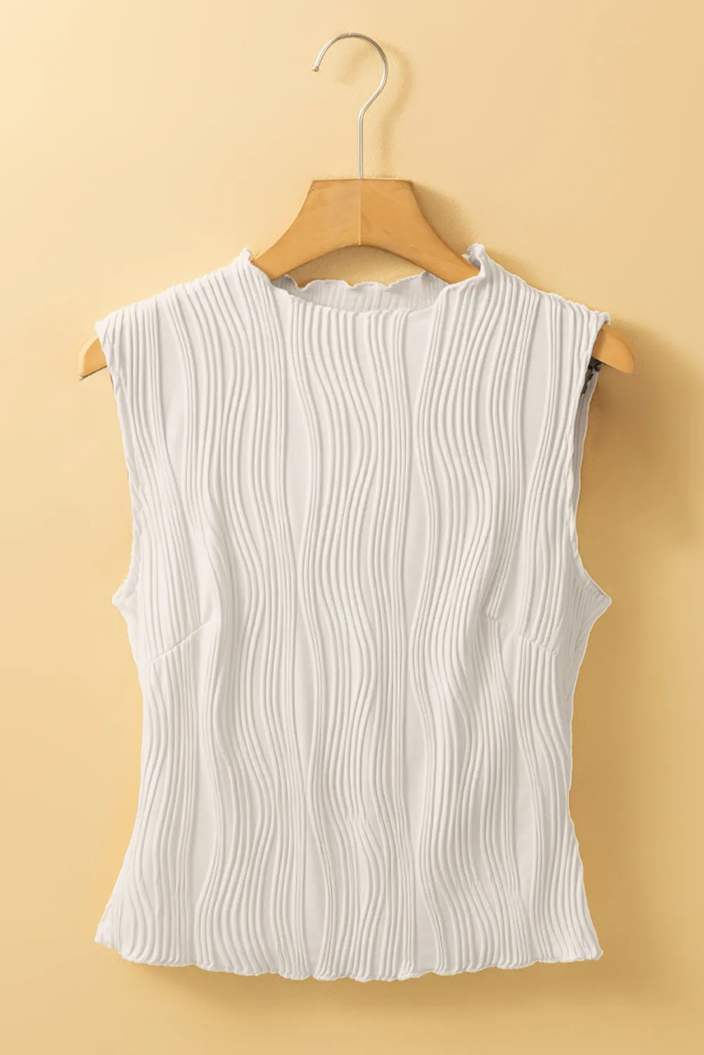 White Solid Colour Wavy Textured Round Neck Sleeveless Top sold by Beagle Boutique product image thumbnail 4