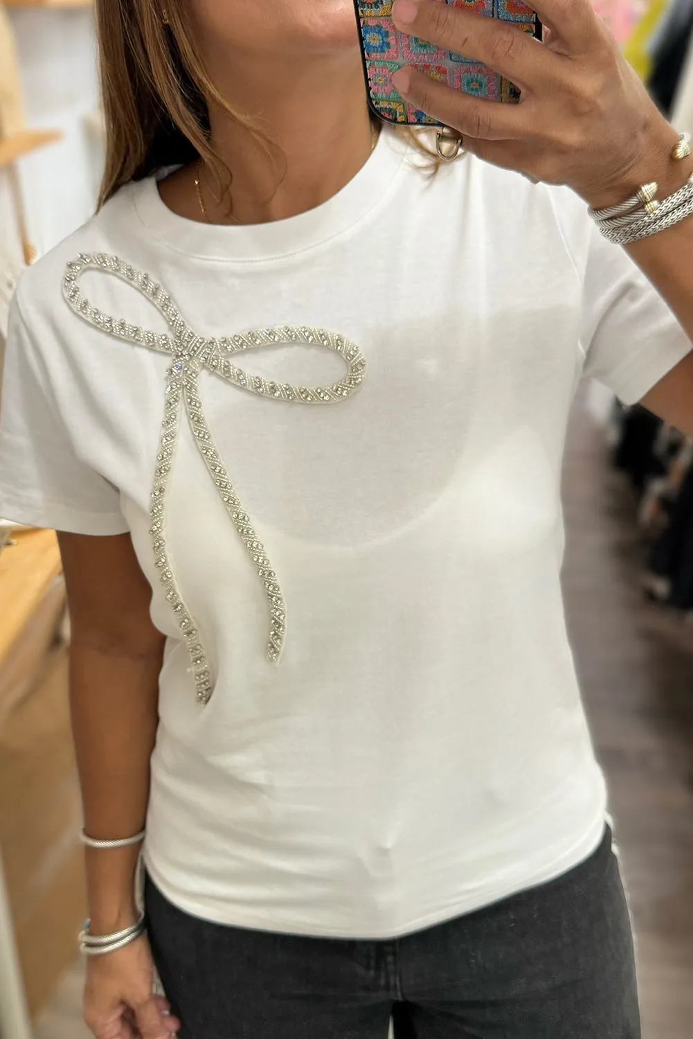 White Rhinestone Bow Embellished Round Neck Tee sold by Beagle Boutique product image thumbnail 3