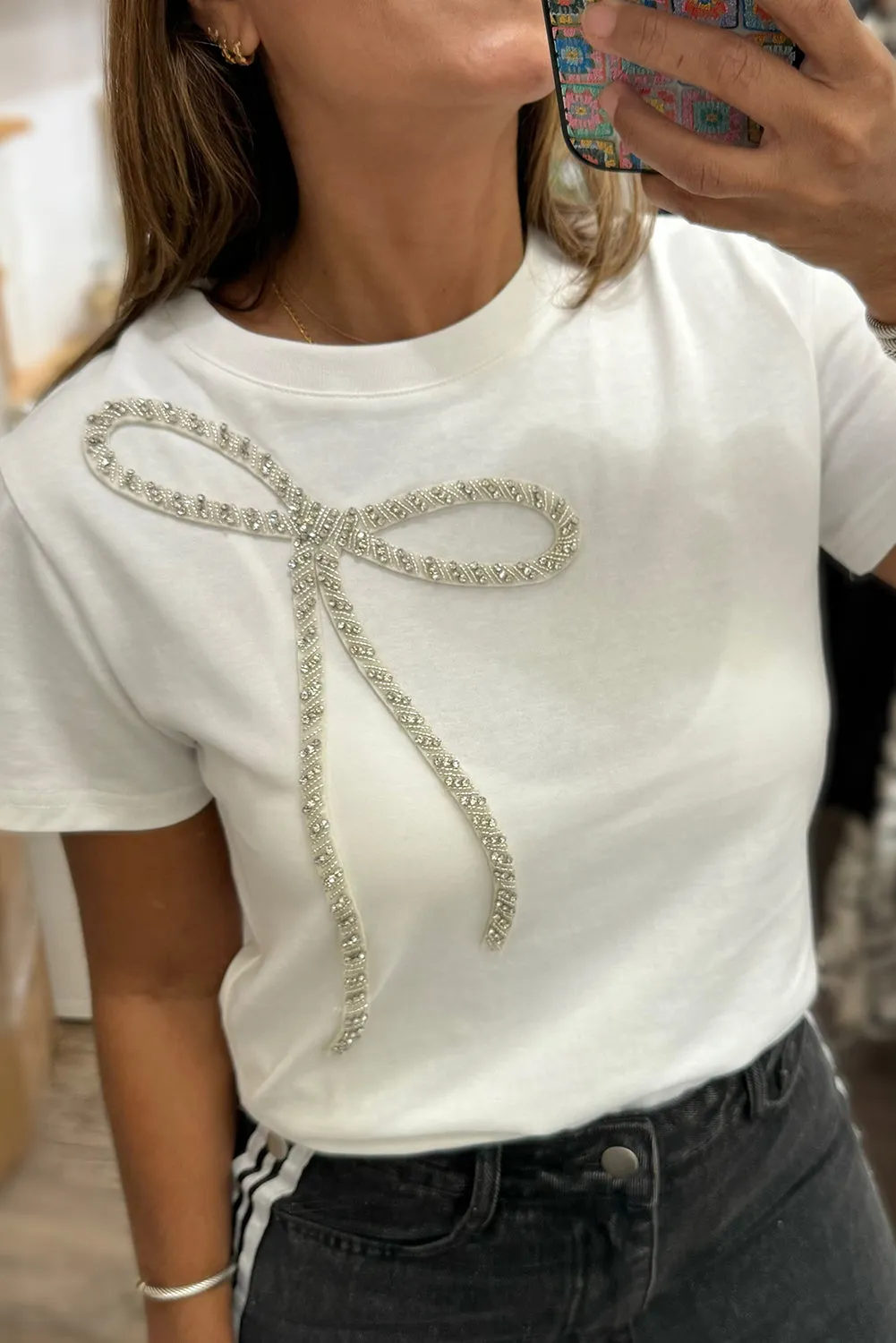 White Rhinestone Bow Embellished Round Neck Tee sold by Beagle Boutique
