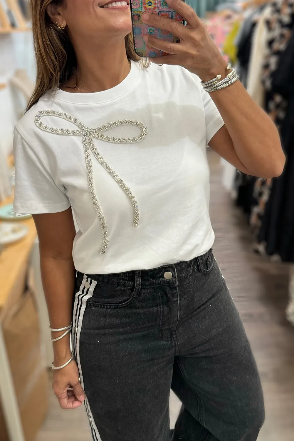 White Rhinestone Bow Embellished Round Neck Tee sold by Beagle Boutique product image thumbnail 2