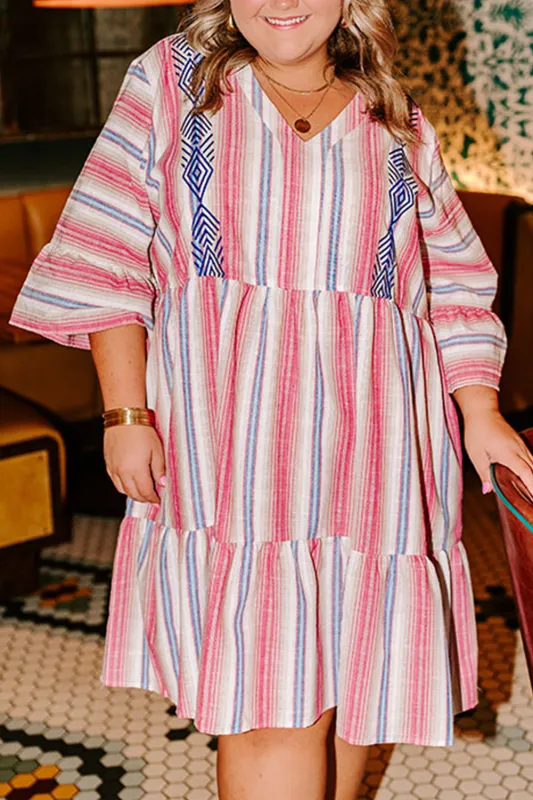 White Stripe Plus Size Embroidered Detail Flared 3/4 Sleeve V Neck Dress made by Beagle Boutique