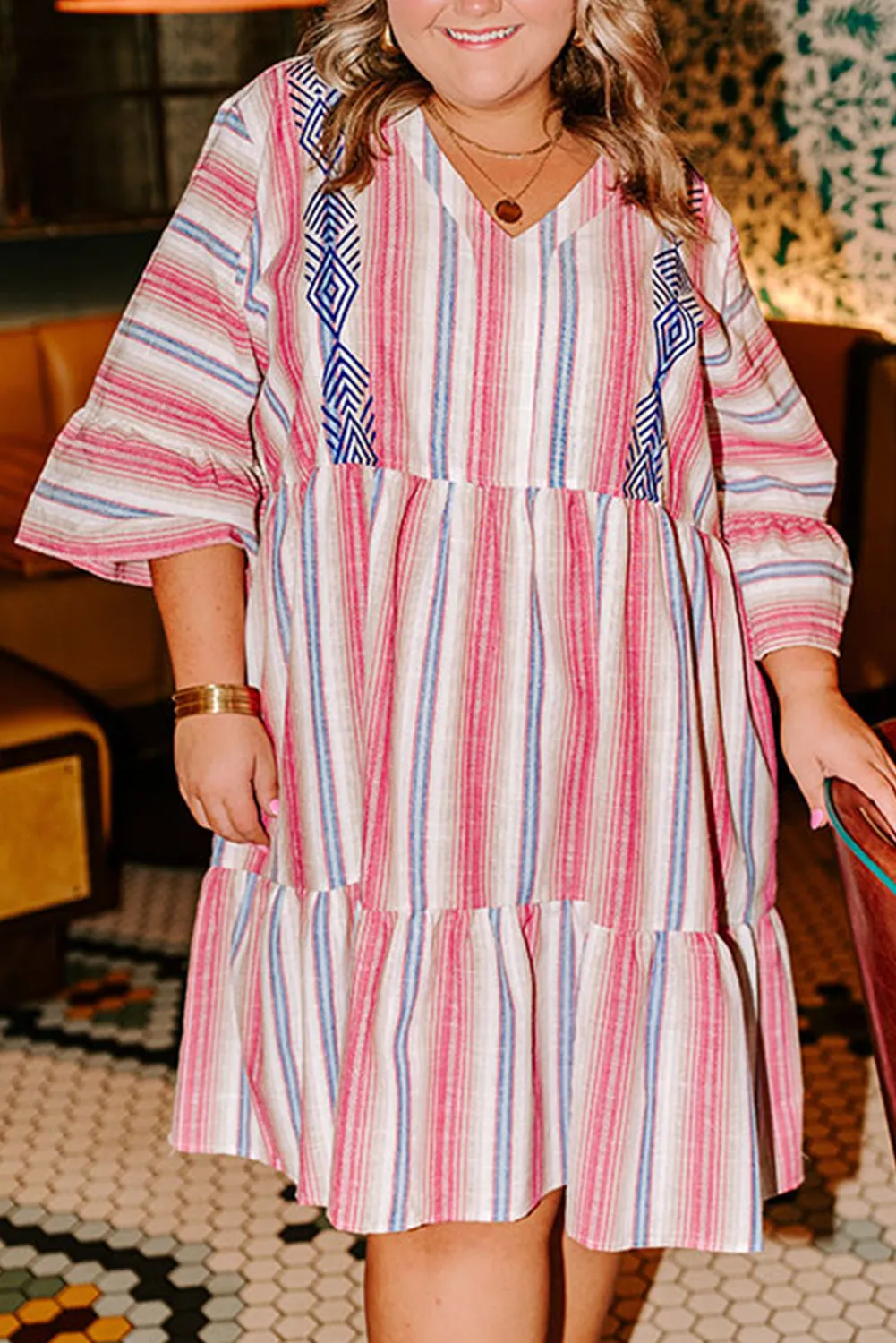 White Stripe Plus Size Embroidered Detail Flared 3/4 Sleeve V Neck Dress sold by Beagle Boutique